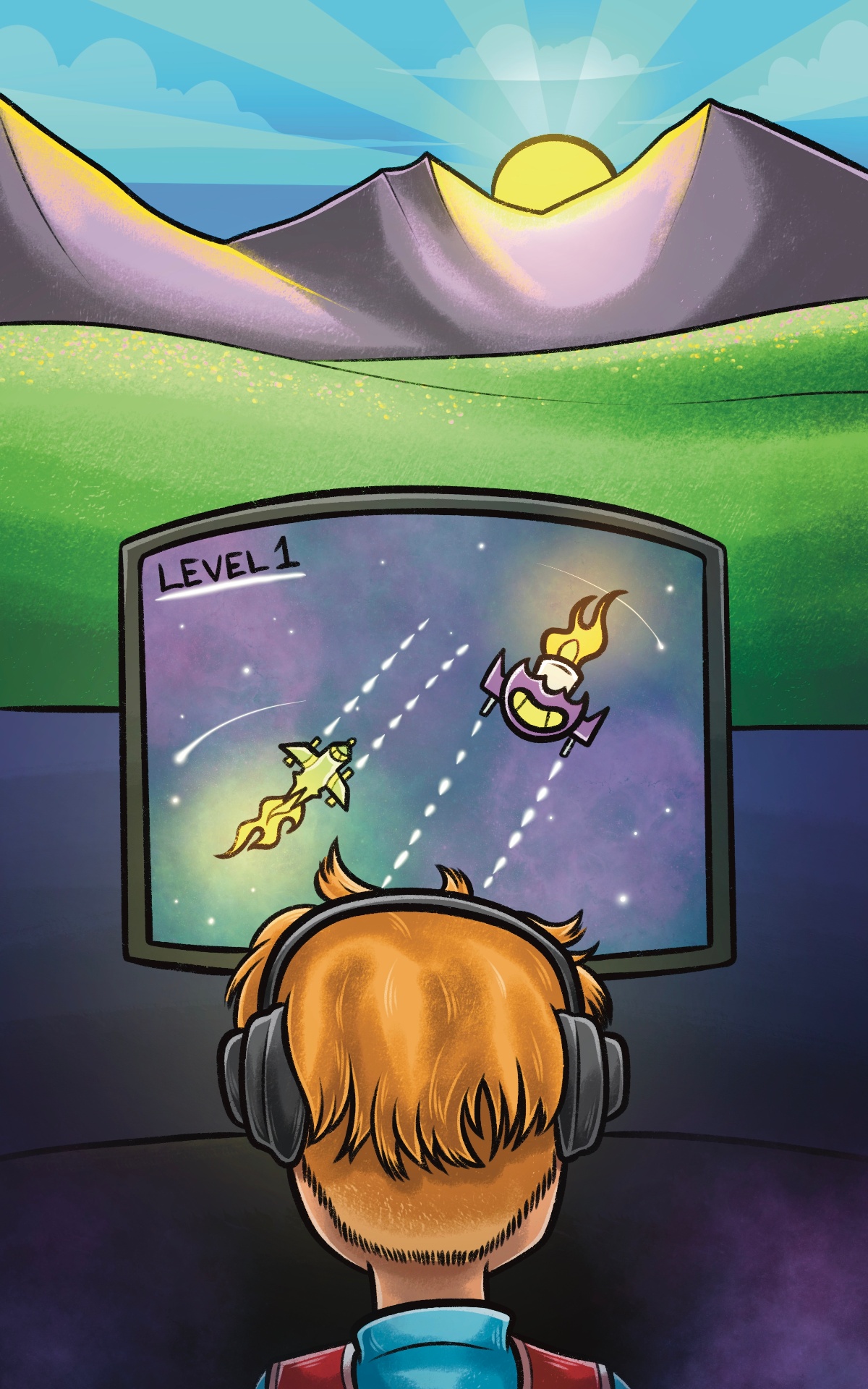 A Gamer's Detour (Level 1) book cover — Noah with headphones facing a glowing game world at sunrise